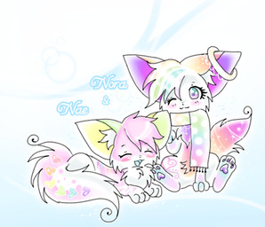 2000s_theme abstract_background blue_text blue_tongue closed_smile clothing duo eyelashes eyes_closed female female_feral feral fur gradient_fur gradient_tail hair halo mouth_closed multicolored_body multicolored_fur multicolored_hair multicolored_scarf open_mouth open_smile orange_tail pattern_clothing pattern_scarf pawpads pink_body pink_fur pink_hair pink_tail polka_dot_scarf purple_pawpads purple_tail rainbow_hair rainbow_scarf scarf sitting smile sparklefur spots spotted_clothing spotted_scarf style_emulation tail text tongue white_body white_fur white_tail yellow_inner_ear chatoyancy domestic_cat felid feline felis mammal 2024 full-length_portrait low_res portrait shaded soft_shading