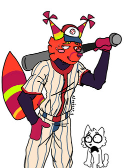 anthro athletic baseball_bat baseball_cap baseball_uniform bat_(object) blush blush_stickers bodily_fluids cheek_tuft clothing facial_tuft fur hat headgear headwear looking_at_viewer male metal_bat pinata purple_eyes red_body red_fur simple_background smile solo sportswear stripes sweat sweatdrop tail tuft uniform shrederr_8 halley_labs lapfox_trax the_quick_brown_fox animate_inanimate canid canine fox living_pinata mammal flat_colors hi_res sketch