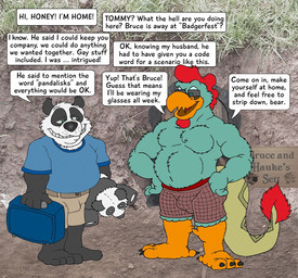 allcaps anthro barefoot belt black_text blue_clothing blue_shirt blue_t-shirt blue_topwear boxer_briefs brown_belt bulge claws clothed clothing dialogue duo feet fur grey_body grey_fur holding_object holding_plushie khaki_shorts male male/male maroon_boxer_briefs maroon_underwear open_mouth open_smile plushie red_boxer_briefs red_clothing red_underwear red_waistband sheepish_grin shirt smile speech_bubble t-shirt teeth_showing text tongue_showing topless topless_anthro topless_male topwear underwear brucebadger mythology hauke tommy_(brucebadger) avian bear bird chicken galliform giant_panda mammal mythological_basilisk mythological_creature mythological_scalie phasianid scalie english_text