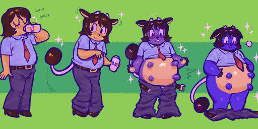 accessory anthro basic_sequence belly belly_expansion belt biped blush bottomwear brown_hair clothing collared_shirt drinking drinking_milk ear_growth expansion eyes_closed four_frame_sequence glistening glistening_belly green_background growth hair hand_on_own_belly horn horn_growth human_to_anthro linear_sequence looking_down looking_down_at_self male moomoo_milk motion_lines multi_nipple necktie nipples outgrowing_clothes pants purple_body shirt simple_background solo species_transformation standing swallowing tail tail_growth teats topwear transformation transformation_by_substance transformation_sequence serafphim nintendo pokemon josh_(serafphim) generation_2_pokemon human mammal miltank pokemon_(species) hi_res male_(lore)