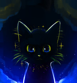 ambiguous_gender black_background black_body blue_eyes blue_sclera cosmic_background feral four_pointed_star looking_at_viewer night nude simple_background sky solo space space_background star snoiifoxxo domestic_cat felid feline felis mammal