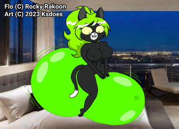 anthro balloon_fetish bedroom big_breasts biped black_body black_fur breasts curvy_figure female female_anthro fur genitals green_hair hair inflatable inside looking_down looner masturbation nude smile solo tail vulva ksdoes flo_(rocky_rakoon) domestic_cat felid feline felis mammal tuxedo_cat
