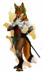 accessory anthro barefoot belt biped bracelet canid canine claws clothed clothing corset deyvarah digitigrade feet female fluffy fluffy_tail fox fur gun handgun headband hindpaw jewelry lingerie looking_at_viewer mammal melee_weapon orange_body orange_fur paws pirate pistol ranged_weapon rapier smile solo sword tail toe_claws topwear weapon