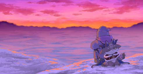 ambiguous_form ambiguous_gender anthro biped black_sclera bottomless clothed clothing cloud detailed_background duo footwear fur grey_body grey_fur head_horn hooves horn membrane_(anatomy) membranous_wings semi-anthro shoes snow sunset wings yellow_eyes oribiyo nijisanji vtuber contractor debidebi_debiru demon hi_res