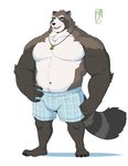 anthro barazoku boxers_(clothing) brown_body brown_fur bulge clothing fur humanoid_hands male simple_background solo teeth underwear white_background white_body white_fur ixkouu canid canine mammal raccoon_dog tanuki 2020