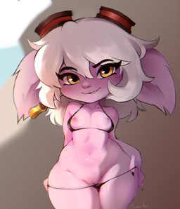 areola big_ears bikini bikini_thong bottom_heavy breasts clothing ear_piercing eyewear eyewear_on_head female genitals goggles goggles_on_head hair humanoid_pointy_ears micro_bikini navel nipples piercing pointy_ears short_stack small_breasts solo string_bikini swimwear thick_thighs two-piece_swimsuit vulva white_hair wide_hips tonzy league_of_legends riot_games tencent tristana_(lol) humanoid yordle absurd_res censored hi_res