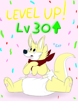 3_toes 4_fingers ambiguous_gender anthro black_nose claws clean_diaper clothed clothing confetti diaper directional_arrow experience_points feet finger_claws fingers fur gameplay_mechanics heart_pawpads kerchief level_number level_up looking_up multicolored_body multicolored_fur neckerchief neckwear open_mouth pawpads pink_background pink_pawpads red_kerchief red_neckerchief simple_background sitting solo surprised tail text three-quarter_view toe_claws toes two_tone_body two_tone_fur two_tone_tail wearing_diaper white_body white_claws white_diaper white_finger_claws white_fur white_inner_ear white_tail white_toe_claws yellow_body yellow_ears yellow_fur yellow_tail fang29 fang29_(character) canid canine canis domestic_dog hybrid kangaroo macropod mammal marsupial 2026 english_text full-length_portrait hi_res portrait