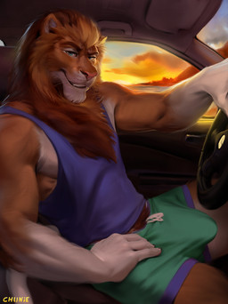 5_fingers anthro blue_eyes bottomwear brown_body brown_eyebrows brown_fur brown_mane bulge car claws clothed clothing cloud detailed_background erection erection_under_clothing eyebrows fingers fur green_bottomwear green_clothing grin inside_car inside_vehicle looking_at_viewer male mane multicolored_body multicolored_fur muscular muscular_anthro muscular_male narrowed_eyes pubes purple_clothing purple_topwear shirt shorts sitting sky smile solo sunset tank_top teeth topwear two_tone_body two_tone_fur vehicle whiskers white_body white_fur chunie mafundi felid lion mammal pantherine 2020 adobe_photoshop_(artwork) digital_media_(artwork) digital_painting_(artwork) hi_res painting_(artwork)