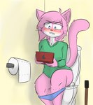 anthro bathroom bite biting_lip blue_eyes blush breasts clothed clothing countershading electronics female fur game_console gaming hair handheld_console holding_console holding_object leaning panties panties_down partially_clothed pink_body pink_fur playing_video_game simple_background sitting solo sweater toilet toilet_paper toilet_plunger toilet_use topwear underwear underwear_down notmypornaccount vg_cats aeris_(vg_cats) domestic_cat felid feline felis mammal absurd_res digital_media_(artwork) hi_res