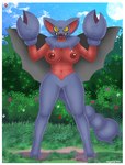anthro anthrofied areola big_breasts breasts female generation_4_pokemon genitals gliscor hi_res looking_at_viewer moon nintendo nipples nude open_mouth open_smile outside plant pokemon pokemon_(species) pokemorph pussy red_areola red_nipples sharp_teeth shinn sky smile solo standing tail teeth yellow_eyes yellow_sclera