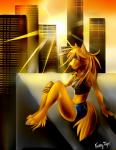 anthro biped bottomwear building city clothing digitigrade female fur hair light light_beam long_hair purple_eyes rooftop shirt shorts sitting smile solo sun sunbeam sunlight sunset tank_top topwear yellow_body yellow_fur furrytiger_2012 amber_wind_(character) canid canine fox mammal 2014 digital_media_(artwork)