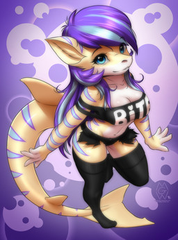 5_fingers anthro big_breasts blue_eyes blue_stripes breasts cleavage clothed clothing eyelashes female fingers midriff navel non-mammal_breasts pattern_background shortstack shortstack_female simple_background solo striped_body striped_skin stripes mykegreywolf aquatic fish shark 2016 absurd_res hi_res