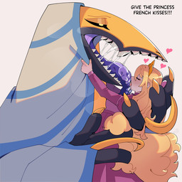 anthro clothing crown dress duo female female/female french_kissing headgear heart_symbol holding_another hood hug kissing licking_tongue size_difference text tiara mixief mythology dragon human mammal mythological_creature mythological_scalie scalie 1:1 absurd_res english_text hi_res