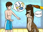 biped brown_hair clothing diving_mask duo female genitals green_eyes hair latex latex_clothing latex_skinsuit male male_human mask nude scuba_gear skinsuit solo_focus speech_bubble standing swimming_trunks swimwear tight_clothing fox0808 foxlightning human mammal mustelid otter 2013 colored