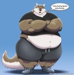 2023 annoyed anthro belly bottomwear brown_body brown_fur canid canine canis claws clothed clothing colored crossed_arms dialogue english_text footwear frown fur hi_res male mammal musclegut muscular muscular_anthro muscular_male navel obese obese_anthro obese_male open_mouth overweight overweight_anthro overweight_male scowl shirt shoes shorts simple_background sneakers solo speech_bubble standing text thick_thighs tight_clothing topwear url wide_hips will_(xxsparcoxx) wolf xxsparcoxx