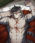 5_fingers black_hair black_nose claws fingers fur hair humanoid_hands lying male nude on_back pawpads short_hair white_body white_fur kkelool sdorica yao_(sdorica) felid mammal pantherine tiger 2025 colored hi_res