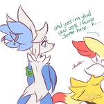 accessory anthro blue_body blue_fur clothed clothing collar dialogue duo eyelashes female femboy fur headband male red_body red_fur simple_background text white_background white_body white_fur yellow_body yellow_fur cocothebraixen nintendo pokemon rune_(~hey_yo~) braixen delphox generation_6_pokemon pokemon_(species) 1:1 absurd_res english_text hi_res signature