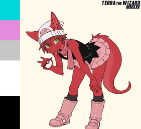 5_fingers anthro arm_tuft beanie bent_over biped black_clothing black_footwear black_shirt black_socks black_topwear blep boots bottomwear cheek_tuft claws closed_smile clothed clothing color_swatch color_test cosplay countershade_ears countershade_fur countershade_neck countershade_tail countershade_torso countershading crossdressing elbow_tuft eyebrow_through_hair eyebrows eyelashes eyelashes_through_hair facial_tuft femboy finger_claws fingers flesh_fang footwear front_view fully_clothed fur gesture green_eyes hair hand_gesture hand_on_knee hand_on_leg hand_on_own_knee hand_on_own_leg hat headgear headwear holding_object holding_pokeball inner_ear_fluff leaning leaning_forward legwear looking_at_viewer male mouth_closed multicolored_body multicolored_fur pink_boots pink_bottomwear pink_clothing pink_footwear pink_scarf pink_skirt pink_tongue plantigrade pointy_ears pokeball prick_ears pupils red_body red_countershading red_fur red_hair scarf shirt shoes short_hair simple_background skirt slit_pupils smile snout socks solo standard_pokeball standing tail tapering_tail text thick_tail three-quarter_view tongue tongue_out topwear translucent translucent_hair tuft two_tone_body two_tone_fur v_sign white_background white_clothing white_hat white_headwear terrathewizard mythology nintendo pokemon dawn_(pokemon) terra_(terrathewizard) canid canine canis dragon furred_dragon furred_scalie hybrid mammal mythological_creature mythological_scalie scalie wingless_dragon wolf 2025 artist_name dated digital_drawing_(artwork) digital_media_(artwork) flat_colors full-length_portrait hi_res portrait andromorph_(lore)