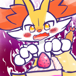 ambiguous_anthro ambiguous_gender anthro biped cake cute_fangs dessert dutch_angle fangs food fruit object_in_tail open_mouth plant shrimp_(food) simple_background solo sparkles sparkling_eyes strawberry tail teeth tongue wavy_mouth annyui0611 nintendo pokemon braixen canid generation_6_pokemon mammal pokemon_(species) 1:1 2025 digital_drawing_(artwork) digital_media_(artwork) half-length_portrait hi_res japanese_description portrait translated_description