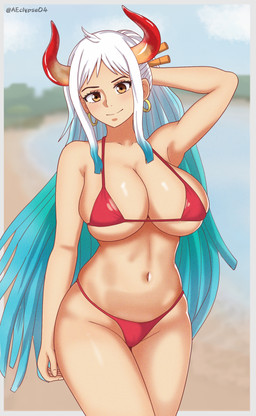 accessory beach big_breasts bikini bikini_thong blue_hair blurred_background border breasts brown_eyes camel_toe clothed clothing cloud detailed_background ear_piercing ear_ring female glistening glistening_breasts glistening_horns hair hair_accessory hair_sticks hand_behind_head horn legs_together looking_at_viewer multicolored_hair navel not_furry piercing red_bikini red_clothing red_horn red_swimwear ring_piercing sea skimpy sky small_bikini small_waist smile solo swimwear text tight_bikini twitter_handle two-piece_swimsuit two_tone_hair water white_border white_hair wide_hips eclypsea one_piece yamato_(one_piece) horned_humanoid humanoid 2024 absurd_res artist_name hi_res portrait three-quarter_portrait