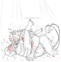 2_tails andromorph bandage bandaged_arm bandaged_chest bandaged_leg bandages_only bite_mark blonde_hair blood blood_on_face blush blush_lines bodily_fluids claws collar collar_only curling_toes duo feet hair hand_in_hair heart_symbol human_penetrating implied_orgasm intersex intersex/male male markings moan mouth_on_neck multi_tail nude penetration pointy_ears purring raised_head scratches shaking tail touching_hair trembling puppetmaster13uwu demon_slayer kimetsu_no_yaiba akaza_(demon_slayer) kyojuro_rengoku demon human humanoid mammal sketch