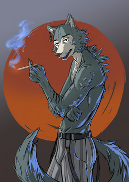 5_fingers anthro arm_scar belt bottomwear cigarette claws clothed clothing countershade_face countershade_torso countershading ear_piercing ear_tag fangs finger_claws fingers fur grey_body grey_fur holding_cigarette holding_object humanoid_hands looking_at_viewer male multicolored_body multicolored_fur notched_ear open_mouth pants pattern_bottomwear pattern_clothing pattern_pants piercing scar smoke smoking solo striped_bottomwear striped_clothing striped_pants stripes tan_body tan_countershading tan_fur teeth topless topless_male two_tone_body two_tone_fur blossomartist beastars legoshi_(beastars) canid canine canis mammal wolf 2021 digital_media_(artwork) hi_res