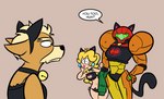 anthro armor blonde_hair clothing collar curvy_figure dialogue eye_contact fur group hair headgear helmet hourglass_figure long_hair looking_at_another midriff simple_background small_waist speech_bubble text thick_thighs trio varia_suit wide_hips rusheloc mario_bros metroid nintendo star_fox fox_mccloud princess_peach samus_aran canid canine fox human mammal crossover english_text meme