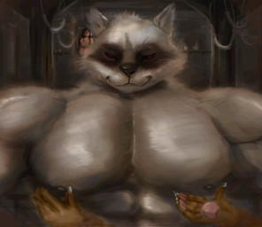 abs ambiguous_gender anthro barazoku big_muscles big_pecs cheek_tuft claws clothed clothing disembodied_hand duo faceless_character facial_markings facial_tuft fondling front_view fur fuzzy grey_body grey_fur half-closed_eyes head_markings head_tuft inside looking_at_viewer male male/ambiguous markings mask_(marking) muscular muscular_anthro muscular_male narrowed_eyes nipples notched_ear offscreen_character orange_body orange_fur pawpads pec_grab pecs red_eyes smile solo_focus topless tuft artjackal dreamworks puss_in_boots_(franchise) death_(puss_in_boots) puss_in_boots_(dreamworks) canid canine canis domestic_cat felid feline felis mammal wolf hi_res male_(lore)