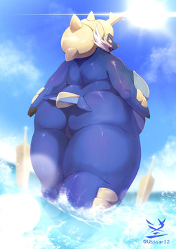 anthro anthrofied back_rolls belly big_belly big_breasts big_butt biped blue_body breasts butt cheek_tuft cloud curvy_figure cute_fangs eyelashes facial_tuft fangs female genitals horn huge_thighs innie_vulva kemono light logo looking_at_viewer looking_back looking_back_at_viewer low-angle_view naturally_censored nude obese obese_anthro obese_female open_mouth overweight overweight_anthro overweight_female partially_submerged pokemorph rear_view sea solo spikes standing sun sunlight teeth text thick_thighs tuft voluptuous vulva water wet wet_body white_tuft wide_hips yellow_eyes usssar12 nintendo pokemon aquatic generation_5_pokemon mammal mustelid otter pinniped pokemon_(species) samurott sea_lion sea_otter 2022 artist_logo artist_name hi_res