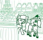 clothing duo earth_pony emerald_jewel_(colt_quest) equid equine eyes_closed fan_character feathers female feral ficficponyfic food green_and_white hasbro hat headgear headwear horse male mammal monochrome my_little_pony pony ruby_rouge_(colt_quest) young young_feral