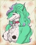 anthro big_breasts blue_eyes breasts choker dots female freckles fur green_body green_fur green_hair hair jewelry looking_at_viewer necklace nipples nude piercing pink_hair simple_background smile solo white_body white_fur nachvoir vaptvulpe mel_lancia sergal 2019 digital_media_(artwork) hi_res