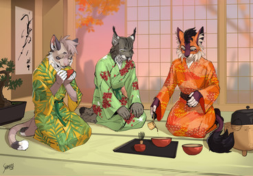 anthro asian_clothing bonsai calligraphy clothing container cup dipstick_tail ear_tuft east_asian_clothing eyes_closed female fur group inner_ear_fluff inside japanese japanese_clothing kimono kneeling markings paws plant pouring_liquid pouring_tea tail tail_markings tail_tuft tea_ceremony tea_cup tree trio tuft whiskers shamerli domestic_cat felid feline felis lynx mammal 2024 digital_media_(artwork) hi_res signature
