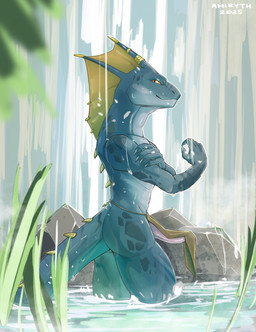 anthro bottomwear claws clothing erection erection_under_clothing genitals loincloth looking_at_viewer male partially_submerged penis side_view smile solo standing waterfall amiryth scalie hi_res