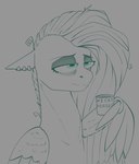 blue_eyes coffee_cup coffee_mug container cup ear_piercing eye_bags eyeshadow female makeup piercing solo tired wings stray_prey hasbro my_little_pony mythology fan_character wild_spice_(oc) equid equine mammal mythological_creature mythological_equine pegasus portrait restricted_palette