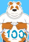 anthro belly black_nose blue_background bottomwear brown_body brown_fur clothing eyes_closed fur humanoid_hands male navel overweight overweight_anthro overweight_male pants shirt simple_background solo topwear white_body white_fur harushipanda bear giant_panda mammal 2021 hi_res