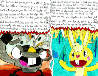 anthro duo male rap_battle text mothralina95 cartoon_network happy_tree_friends lego mixels cuddles_(htf) krader lagomorph leporid mammal rabbit english_text hi_res