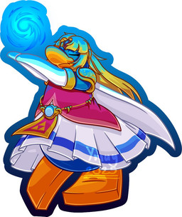 anthro armor armwear blonde_hair cape clothing elbow_gloves eyes_closed female gloves hair handwear long_hair pauldron simple_background solo text white_background white_cape white_clothing white_gloves white_handwear ymuy club_penguin nintendo the_legend_of_zelda princess_zelda avian bird penguin 2025 artist_name full-length_portrait portrait