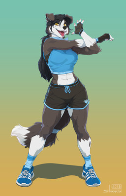 5_fingers abs anthro biped black_hair bottomwear breasts claws clothed clothed_anthro clothed_female clothing countershade_fur countershade_torso countershading female finger_claws fingerless_gloves fingers footwear front_view fully_clothed fully_clothed_anthro fully_clothed_female fur gloves grey_body grey_fur grey_tail hair handpaw handwear looking_at_viewer navel open_mouth open_smile paws shoes simple_background smile socks solo standing tail teeth tongue topwear yellow_eyes stoopix chloe_(abananaman) canid canine canis domestic_dog mammal 2025 digital_media_(artwork)