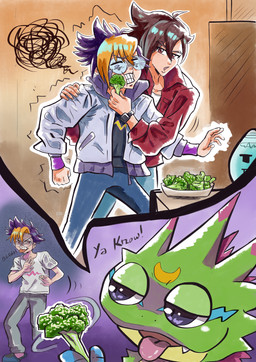 angry anthro broccoli brown_hair eyewear food glasses group hair humor male plant purple_hair teasing tongue tongue_out trio vegetable chstrangell bandai_namco digimon digimon_beatbreak asuka_tenma tomoro_tenma digimon_(species) gekkomon human mammal scalie absurd_res hi_res