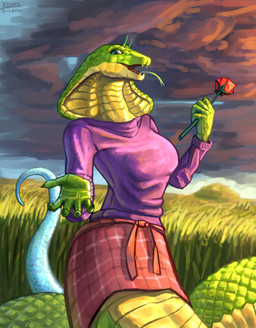2_horns 5_fingers anthro apode belly big_breasts blue_eyes blue_horn blue_sclera blue_sky blue_tail_tip blue_tongue bottomwear breasts claws clothing cloud dark_clouds dipstick_tail fangs female female_anthro field fingers flower forked_tongue give_(gesture) glistening glistening_body glistening_scales glottis grass grass_field green_body green_claws green_scales holding_flower holding_object horn legless long_tongue looking_at_viewer markings multicolored_body multicolored_scales non-mammal_breasts open_mouth open_smile orange_bottomwear orange_clothing orange_clouds orange_skirt pattern_bottomwear pattern_clothing pattern_skirt pink_mouth pit_organ plaid plaid_bottomwear plaid_clothing plaid_skirt plant purple_clothing purple_sweater purple_topwear rose_(flower) scales serpentine short_horn skirt sky small_horn smile snake_hood solo sweater tail tail_markings teeth tied_skirt tongue topwear two_tone_body two_tone_scales ventral_scales yellow_belly yellow_body yellow_light yellow_neck yellow_scales xenthetechnomorph yolla_(lbt9000) draconcopode naga reptile scalie snake snake_naga 2021 absurd_res digital_media_(artwork) digital_painting_(artwork) full-length_portrait hi_res painting_(artwork) portrait signature three-quarter_portrait
