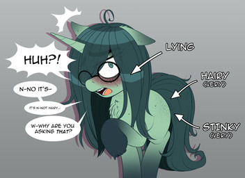 1_horn ahoge black_eyebrows black_eyewear black_glasses black_text blush blush_lines bodily_fluids butt dialogue emanata embarrassed eye_bags eyebrows eyelashes eyewear feathering female female_feral feral flash_emanata freckled_butt freckled_face freckled_legs freckles fur glasses green_body green_ears green_eyes green_fur green_hair green_horn green_mane green_tail grey_background hair hooves horn label looking_at_viewer mane messy_hair messy_tail pink_tongue pupils quadruped round_glasses simple_background snout solo speech_bubble standing stuttering sweat sweaty_ears sweaty_face tail talking_to_viewer teeth text tongue translucent translucent_hair unguligrade unicorn_horn white_text dibujito hasbro my_little_pony mythology fan_character nori_(dibujito) equid equine mammal mythological_creature mythological_equine unicorn 2025 absurd_res english_text hi_res