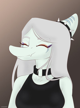 anthro big_breasts biped black_clothing black_topwear blue_body bone_frill breasts choker clothed clothed_anthro clothed_female clothing eyes_closed eyeshadow female female_anthro frill_(anatomy) gradient_background grey_hair hair jewelry long_hair makeup markings necklace non-mammal_breasts simple_background smile solo striped_markings stripes text topwear louiss. goodbye_volcano_high ko_op_(game_developer) fang_(gvh) prehistoric_species pterosaur reptile scalie 2025 artist_name colored digital_media_(artwork) half-length_portrait hi_res portrait