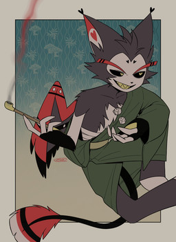 anthro asian_clothing chest_wraps clothed clothing dice east_asian_clothing feathered_wings feathers japanese_clothing kiseru male smoking_pipe solo wings wraps yukata enaic31 hazbin_hotel hellaverse husk_(hazbin_hotel) demon domestic_cat felid feline felis mammal 2025 absurd_res digital_media_(artwork) hi_res
