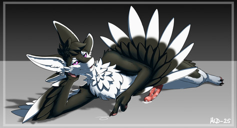 3_fingers 3_toes 4_ears animal_genitalia animal_penis anthro arm_support big_ears big_penis black_body black_feathers black_finger_claws black_fur black_sclera black_toe_claws bodily_fluids chest_tuft claws countershade_torso countershading drawing_on_floor dripping erection feathered_wings feathers feet fingers fur genital_fluids genitals hair inviting leaning_on_elbow legs_together looking_at_viewer lying lying_on_ground male multi_ear multicolored_body narrowed_eyes nude on_ground on_side open_mouth pawpads paws penis pink_pawpads pink_penis precum precum_drip precum_on_penis presenting purple_eyes scratching seductive simple_background smile solo tapering_penis text toes tuft white_body white_feathers white_fur winged_arms wings madcatzdrawings fyr_(fenrir784) avali avian bird 2025 colored digital_media_(artwork) english_text hi_res shaded signature