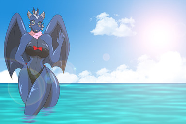 anthro bikini blue_body breasts cleavage clothed clothing cloud eyewear female glasses membrane_(anatomy) membranous_wings sea sky solo sun swimwear tail two-piece_swimsuit water wings robthehoopedchipmunk mythology tulip_(rthc) dragon mythological_creature mythological_scalie scalie hi_res