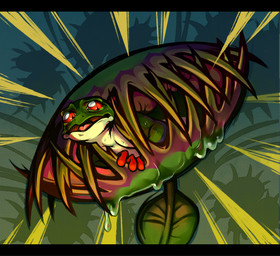 anthro carnivorous_plant dangerous green_body micro nude_anthro nude_male open_mouth plant plant_pred red_eyes scared simple_background trapped venus_flytrap vore worried worried_face worried_look kolkolukija amphibian frog plant_monster hi_res