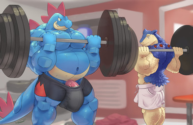 anthro anthrofied barely_contained belly big_belly big_bulge big_muscles biped bottomwear bulge clothed clothing duo exercise fur genitals grin half-erect huge_muscles hyper hyper_muscles inside male musclegut muscular muscular_male penis penis_base pokemorph shorts smile snout standing topless weightlifting workout viridianvariant nintendo pokemon crocodilian feraligatr generation_2_pokemon mammal mustelid pokemon_(species) reptile scalie typhlosion detailed hi_res