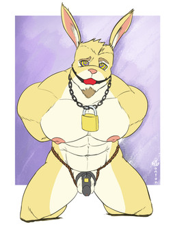 abs anthro balls black_chastity_cage chain_necklace chastity_cage chastity_device cross-eyed facial_hair genitals goatee hypnosis jewelry kneeling lock male mind_control muscular muscular_male muscular_sub navel necklace nipples padlock pecs ringed_eyes solo submissive submissive_male basicwanton helix_hare lagomorph leporid mammal rabbit 2023 hi_res story story_in_description
