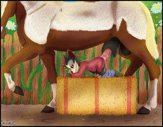 abdominal_bulge anal anal_penetration animal_genitalia animal_penis anthro belly bent_over bestiality big_belly black_body black_fur black_tail blush bodily_fluids bottomwear bottomwear_down brown_body brown_fur bursting_out_of_clothing clothed clothing cum cum_inflation cum_inside duo equine_genitalia equine_penis feral fur genital_fluids genitals glowing glowing_eyes hay hay_bale hooves inflation male male/male outside pants pants_down partially_clothed penetration penis red_eyes simple_background size_difference tail torn_clothing white_body white_fur young pybo nazukio equid equine horse kryptid mammal absurd_res hi_res