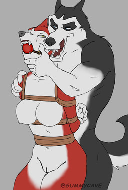 anthro arms_tied ball_gag bdsm bedroom_eyes big_arms big_ball_gag big_breasts black_body black_fur blue_eyes blush bondage bound breasts curvy_figure dominant dominant_male duo eye_contact eyebrows female fur gag genitals hand_on_shoulder hand_under_chin hands_behind_back licking licking_lips looking_at_another looking_pleasured male male/female muscular muscular_male narrowed_eyes navel nipples nude nude_anthro nude_female nude_male open_mouth red_body red_fur rope seductive sharp_teeth simple_background smile teeth tongue tongue_out vulva white_body white_fur yellow_eyes gummycave balto_(series) universal_studios jenna_(balto) steele_(balto) alaskan_malamute canid canine canis domestic_dog husky mammal nordic_sled_dog siberian_husky spitz hi_res